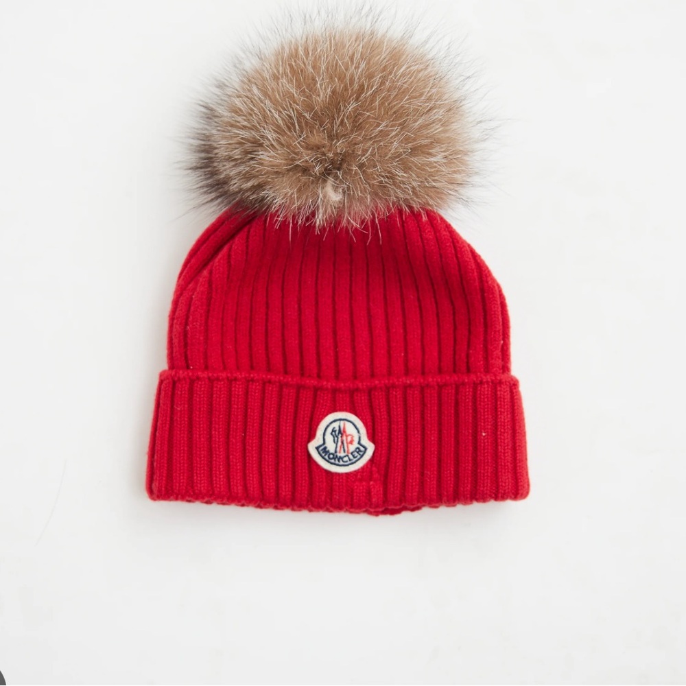 Moncler Red Ribbed Beanie with Brown Pom Pom
